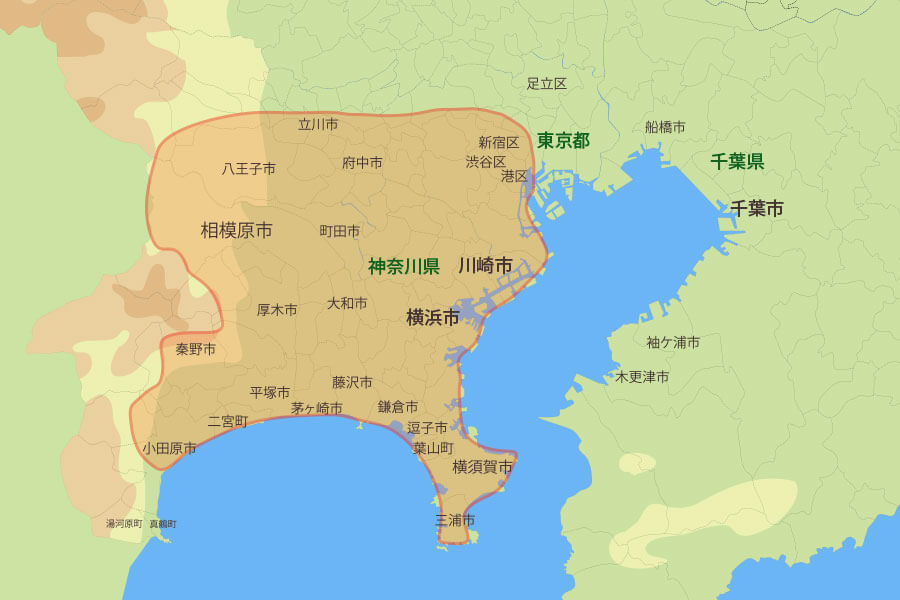 横浜市から注文住宅を建てる近代ホームのサービス対応エリア（神奈川県、東京・南西部）