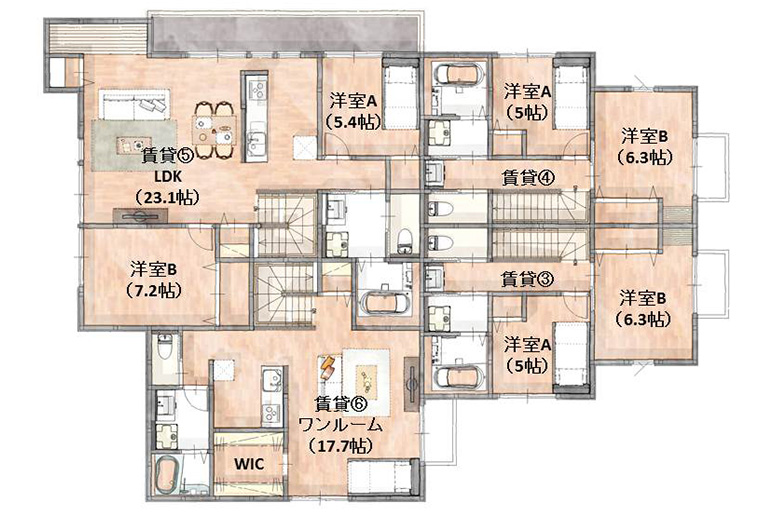 横浜市の賃貸住宅・店舗併用住宅　間取り2階部分